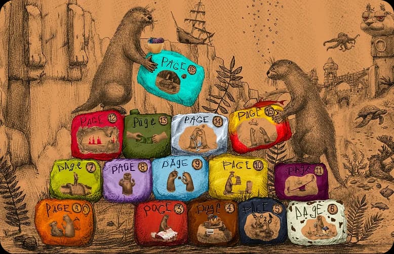 Two otters stacking colourful illustrated pages from The Swim Buddy Playbook