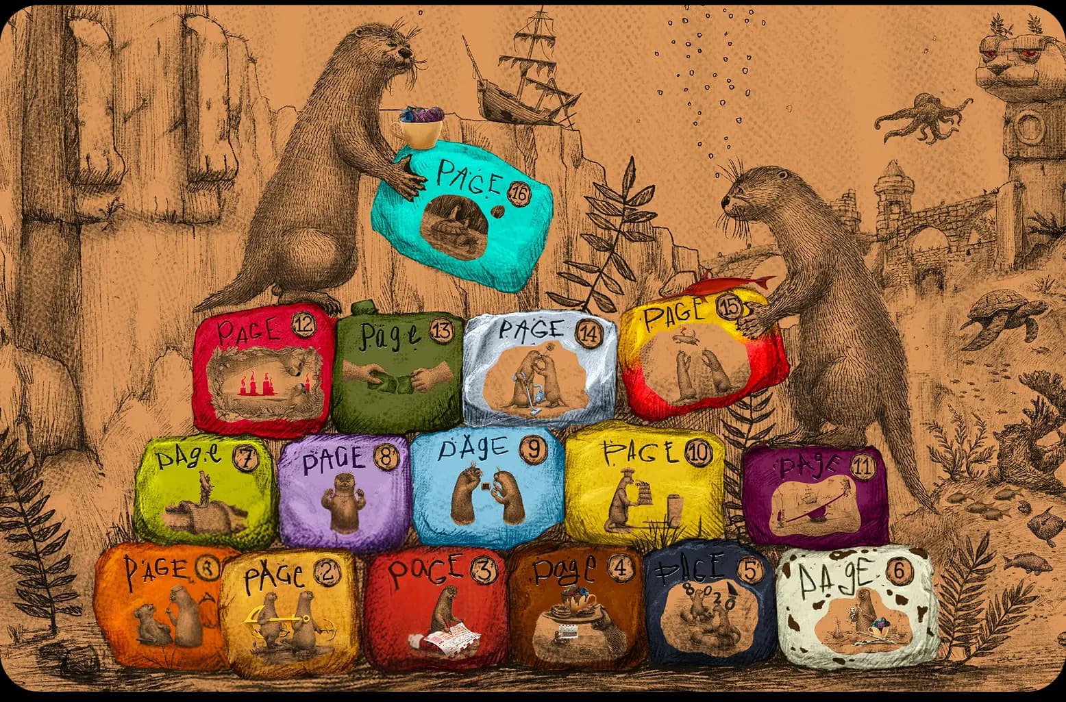 Two otters stacking colourful illustrated pages from The Swim Buddy Playbook™