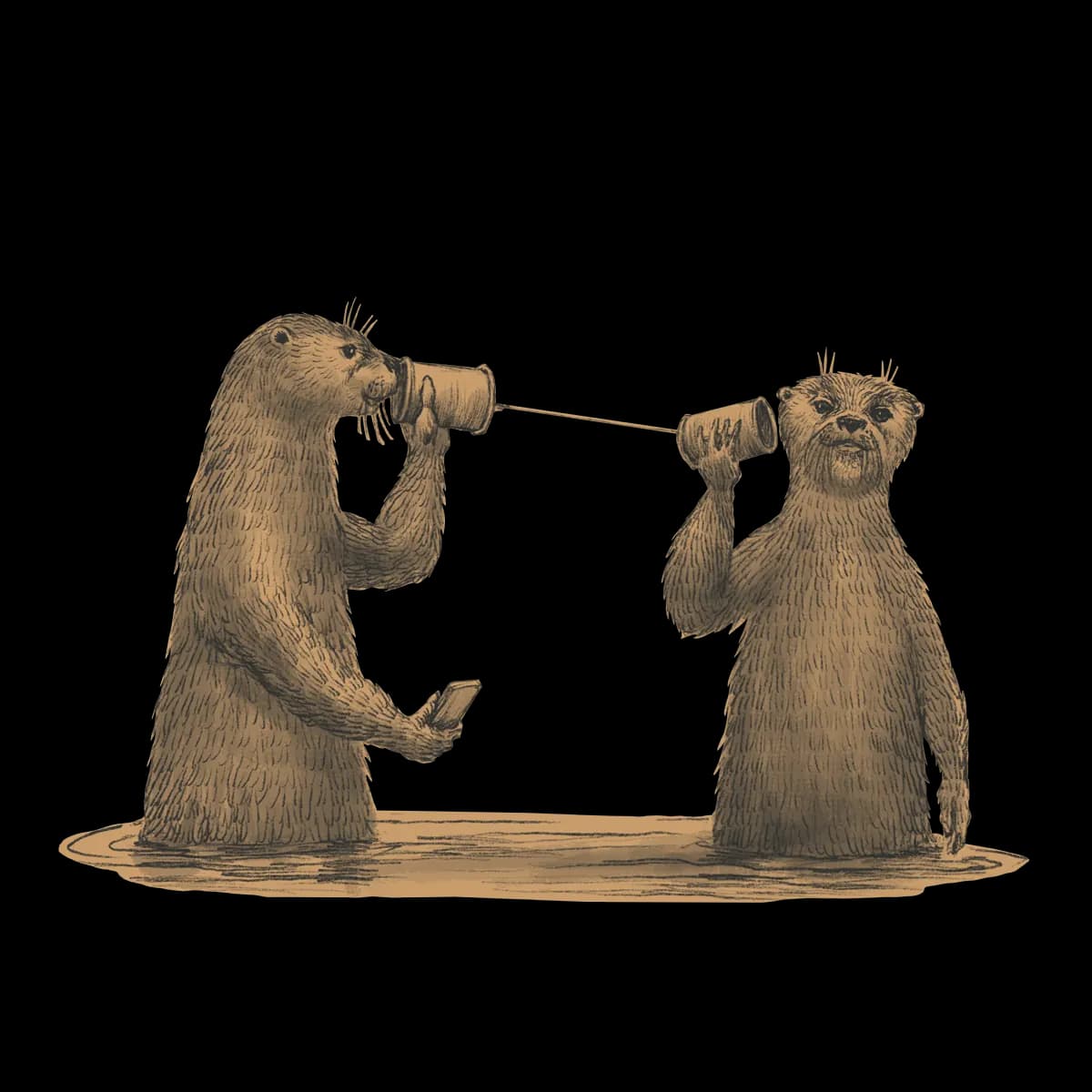 Otters communicating with tin cans